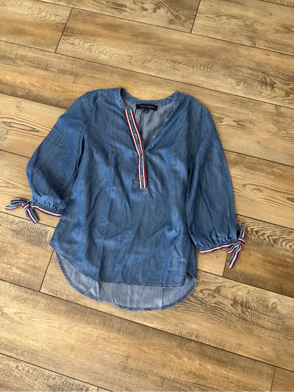 Lightweight Denim Tunic Top with Stripe Trim